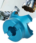 Blue aluminum alloy CNC lathe face mill head with 4-flute cutter, metalworking tool close-up
