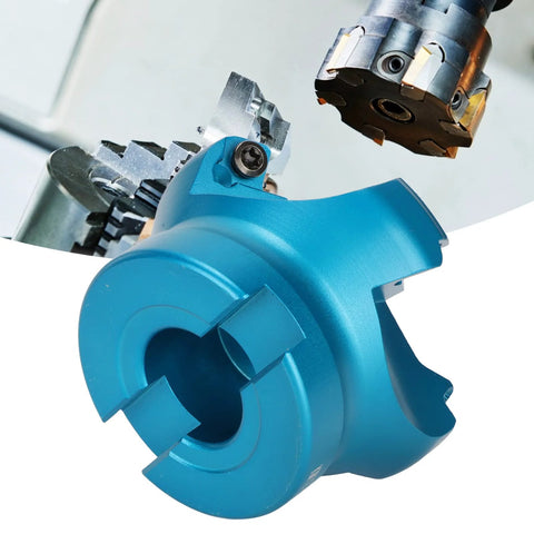 Blue aluminum alloy CNC lathe face mill head with 4-flute cutter, metalworking tool close-up