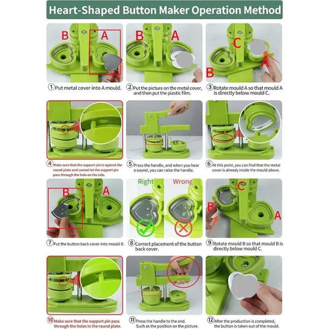 Heart Shaped Button Maker Machine No Assembly One Piece DIY Pin Badge Press With Mold Pink Set operation instruction guide
