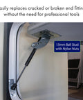 13mm Ball Stud With Nyloc Nuts Gas Lift Strut Support Fitting Four Pack Quick Release Socket Design For A Total Breeze Swap And Rock Solid Heavy Duty Replacement Hardware That Gotta Get Done Fast mounted on hardware with a nylon lock nut.