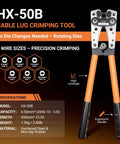 HX-50B cable lug crimping tool with orange ergonomic handles and rotating dies for 6 wire sizes, shown with specifications.