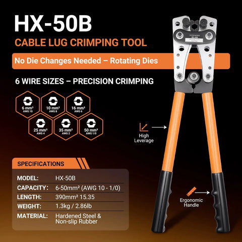 HX-50B cable lug crimping tool with orange ergonomic handles and rotating dies for 6 wire sizes, shown with specifications.