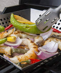 Stainless Steel Grill Basket For Indoor And Outdoor Use Large 12 By 12 By 2 Inch Veggie And Kabob Grilling Basket with food