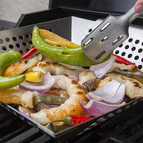 Stainless Steel Grill Basket For Indoor And Outdoor Use Large 12 By 12 By 2 Inch Veggie And Kabob Grilling Basket with food