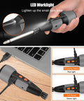 2 In 1 Cordless Electric Screwdriver Kit With LED Light and USB Charging showing features, charging status, and LED worklight