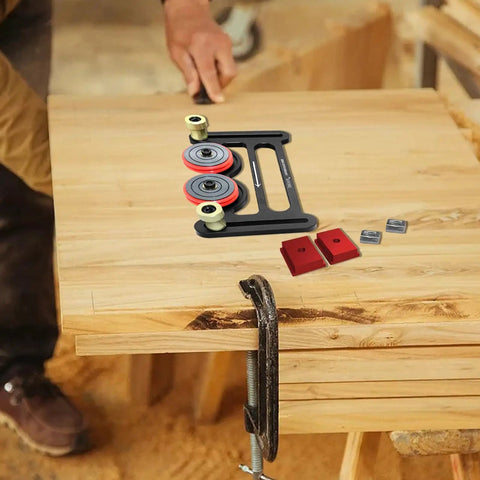 Tough As Nails Rust Proof Table Saw Roller Feeder Kit with anodized rollers on a wooden workbench for woodworking.