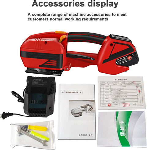 Hustle Ready Cordless Strapping Machine Auto Weld And Cut Handheld Bander with accessories including charger, tools, and manuals.