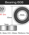 Bearing 608-2RS, 8x22x7 mm, 50 pcs pack; double rubber-sealed deep groove bearing shown in side and front views