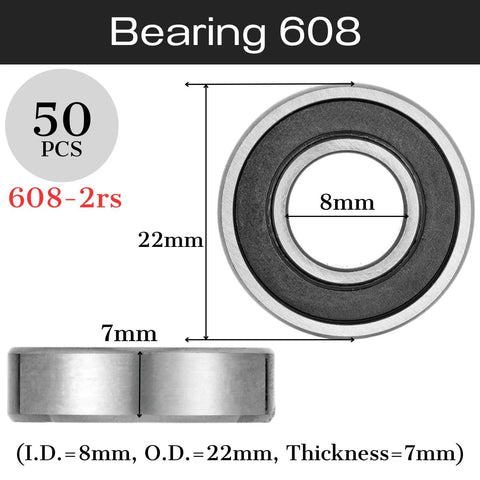 Bearing 608-2RS, 8x22x7 mm, 50 pcs pack; double rubber-sealed deep groove bearing shown in side and front views
