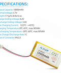 Beefy 10000mAh 3.7V LiPo Battery 1S With PH2.0 Plug Protective Board Insulated Coating next to specifications