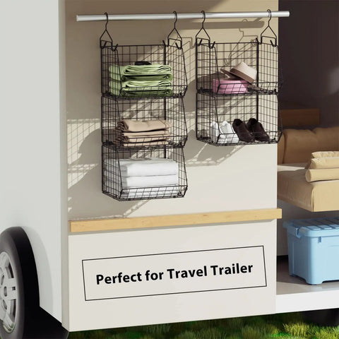 Dead Simple Hanging Closet Organizer With Expansive Tiered Wire Baskets Saves Serious Space In Your Laundry Room Keeps Sweaters Jeans And Scarves Tidy As A Whistle With No Sweat Setup in travel trailer with folded towels.