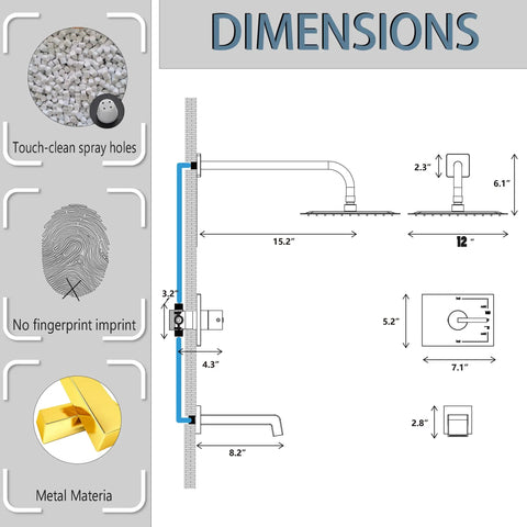 Diagram of Rain Shower System With Waterfall Tub Spout In Brushed Nickel Two Function Shower Faucet Set Showing Dimensions