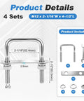 Heavy Duty M12 U Bolts Kit 2-1/16 in Wide by 4-1/2 in Long Stainless Marine Grade 304 U Bolts for Boat Dock Pipe Small Trailer and DIY Woodworking Hardware, 4 sets