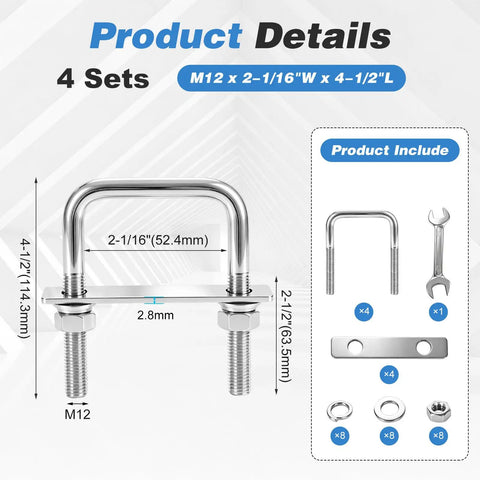 Heavy Duty M12 U Bolts Kit 2-1/16 in Wide by 4-1/2 in Long Stainless Marine Grade 304 U Bolts for Boat Dock Pipe Small Trailer and DIY Woodworking Hardware, 4 sets