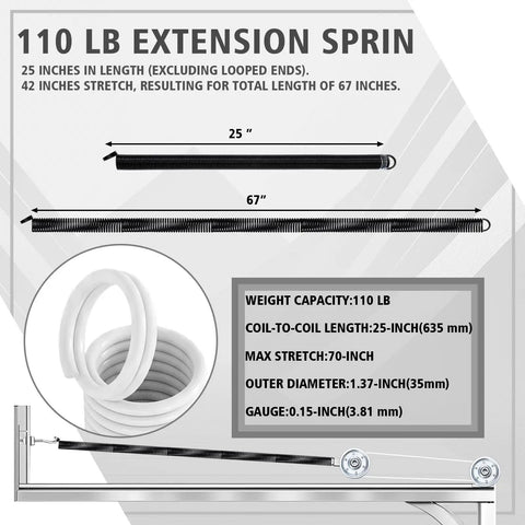 Heavy Duty Garage Door Extension Springs Kit with Three Inch Pulleys and Cables for Seven Foot Doors Double Loop Design 110 Pound Tension