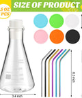 Six Pack 8.5 Oz Beaker Glass Drinking Mugs Set With Stainless Straws Silicone Coasters Glass Stoppers And Straw Brush