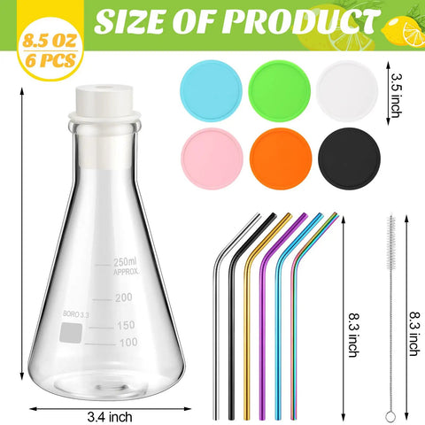 Six Pack 8.5 Oz Beaker Glass Drinking Mugs Set With Stainless Straws Silicone Coasters Glass Stoppers And Straw Brush