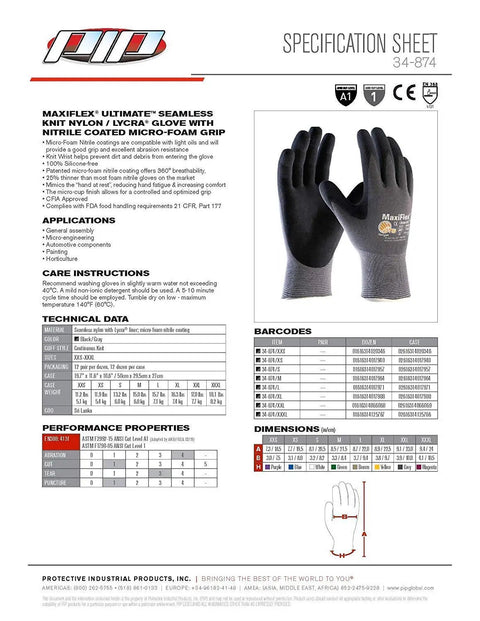 Specification sheet for MaxiFlex Ultimate Nitrile Micro Foam Grip Work Gloves Nylon Shell Breathable Coating For Light Oils Boss Level Dexterity And Comfort Low Lint Black And Gray Small 12 Pair Pack