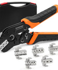 Crimping Tool Set With 2210H Heat Shrink Crimping Tool And 7 Quick Exchange Jaws, black carrying case, visible jaws on display
