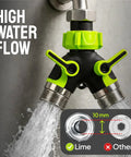 Heavy Duty 2 Way Hose Splitter Built Tough Metal Y Connector With No Fuss Shutoff Valves For Spigot Brass Outdoor Faucet Adapter Three Quarter Inch GHT Water Hose Connector Green showing high water flow and 10 mm lime fit