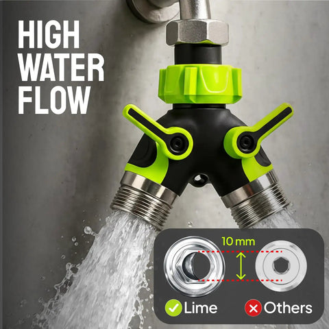 Heavy Duty 2 Way Hose Splitter Built Tough Metal Y Connector With No Fuss Shutoff Valves For Spigot Brass Outdoor Faucet Adapter Three Quarter Inch GHT Water Hose Connector Green showing high water flow and 10 mm lime fit