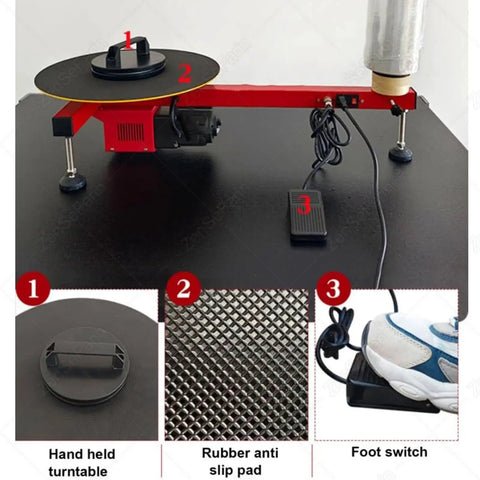 Electric Stretch Film Wrapping Machine Dispenser with 40cm turntable, foot switch, and anti-slip pad for pallet packing