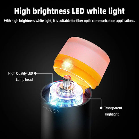 TFN 3-in-1 fiber optic tester with LED lamp head, orange cap and blue LED glow (front view)