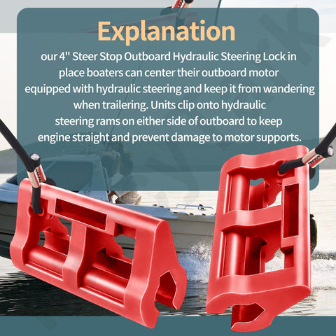 4 Inch Outboard Steering Lock For Boats With Hydraulic Cylinder Stops And Trailering Clips To Stop Engine Swinging, Universal Fit For Most Outboard Motors, Solid Pair Includes Lanyard