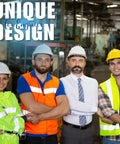 Group of engineers in safety gear standing in a factory, promoting a unique design concept.