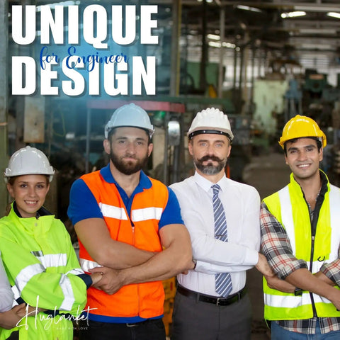 Group of engineers in safety gear standing in a factory, promoting a unique design concept.
