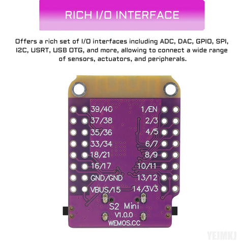 Dope ESP32 S2 Mini WiFi Development Module With Type C USB, rich I/O interface including ADC, DAC, GPIO, SPI, I2C, USB OTG