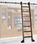 Black Sliding Barn Door Kit with floor roller wheels, steel track, visible in a home library, ladder not included