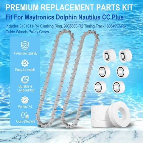Climbing Ring Timing Track Guide Wheel Replacement Kit For Dolphin Nautilus CC Plus Robotic Pool Cleaner components displayed.
