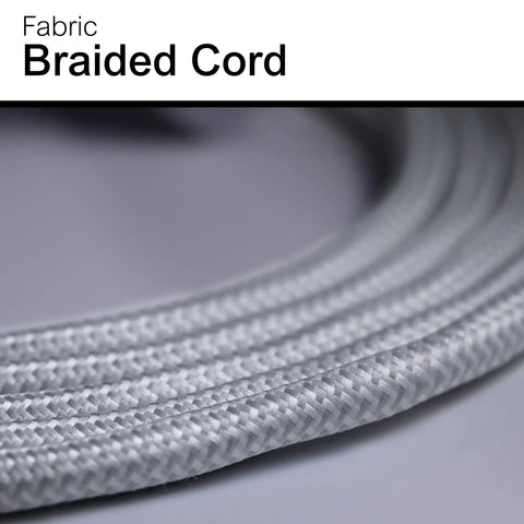 Close-up of braided fabric cord on Three Outlet Power Strip With Braided Six Inch Extension Cord Grounded Flat Plug ETL Listed White