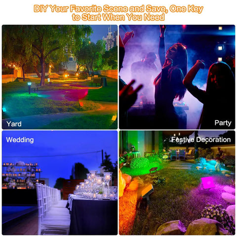 Outdoor LED Flood Lights Lit RGB Color Changing Smart Landscape Lights With 16 Million Colors Dimmable White Light Scene And Music Modes IP66 Waterproof Uplighting App And Voice Control For Patio Garden Yard Stage 6 Pack showing colorful lighting in yard, party, wedding, festive settings.