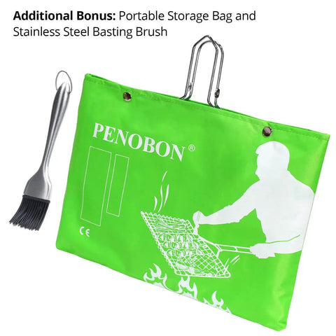 Folding Stainless Steel Fish Grill Basket For Outdoor BBQ Portable And Durable with basting brush and storage bag.