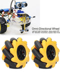 Mecanum wheels, two pairs, yellow and black, rubber-coated ABS, 48 mm diameter for DIY robot cars.