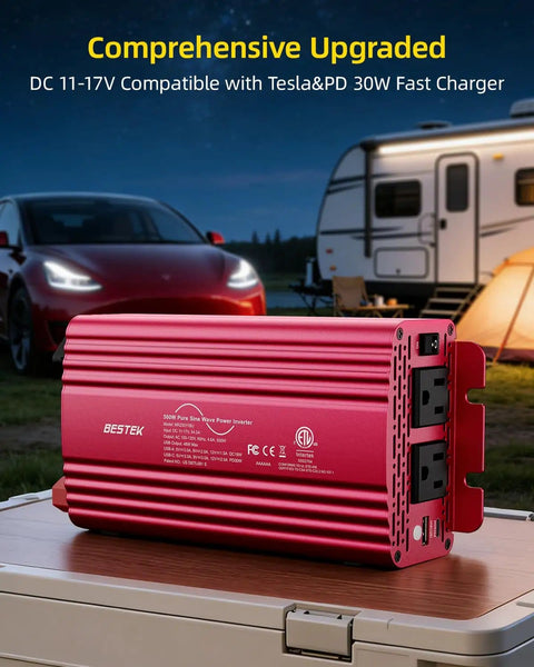 500W Pure Sine Wave Power Inverter With PD30W And QC18W Power Up 12V DC To 110V AC For Solar RV Truck And Outdoor Power Dual AC Outlets