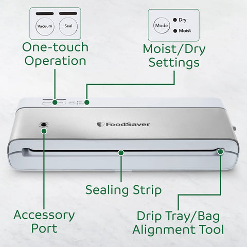 Compact Vacuum Sealer With Airtight Bags And Roll Keeps Food Fresh Up To 5X Longer with touch controls and moist/dry settings