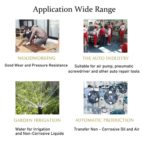 Collage showing applications of Clear 10 Meter PU Air Tubing: woodworking, auto industry, garden irrigation, automatic production