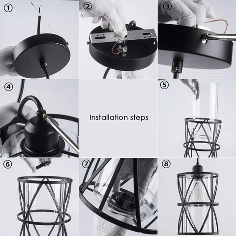 Installation steps for Black Industrial Metal Pendant Light With Clear Glass Shade For Kitchen Island Sink Counter And Dining Room Transitional Cylinder Pendant Lighting Fixture Vintage Modern Industrial Style With Sleek And Chic Vibe.