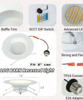 LOG BARN Recessed Lighting 6 Inch, 5CCT LED Can Lights for Ceiling, showing baffle trim and DIP switch features.