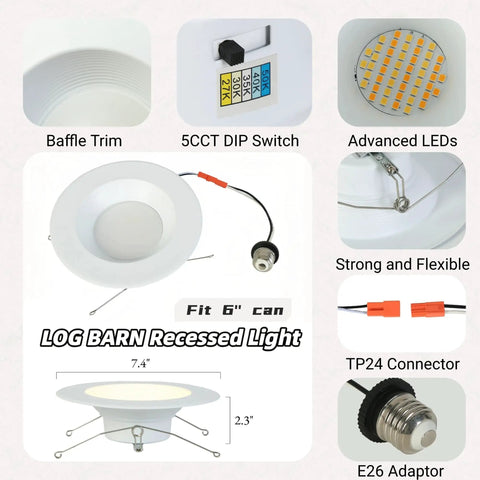 LOG BARN Recessed Lighting 6 Inch, 5CCT LED Can Lights for Ceiling, showing baffle trim and DIP switch features.