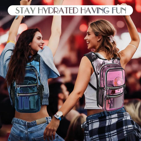Two women at a festival wearing glow in the dark hydration pack with 3L water bladder, reflective laser bag design