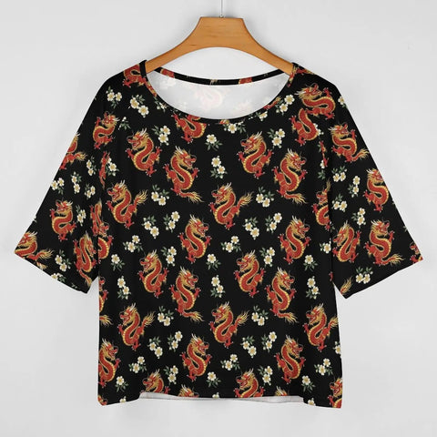 Loose Short Sleeve Boat Neck T Shirt With Floral Dragon Print, Soft Comfortable Lightweight Polyester Spandex Blend