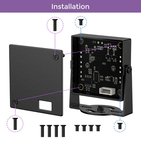 Built Tough Solid Aluminum Camera Housing For 32MmX32Mm Usb Boards Adjustable M12 Lens Mount Swivels 360 Degrees On Heavy Duty Black Stand Plug And Play For Serious Gear Heads And Pro Setups with installation details and screws.