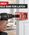Go-To Wood Door Lock Installation Kit With Adjustable Guide Template And Hole Saw Set For Deadbolts And Knobs Solid Mounting For 1-3/8 To 1-3/4 Inch Doors No Sweat Diy Home Project with 1 inch hole saw attached to door.
