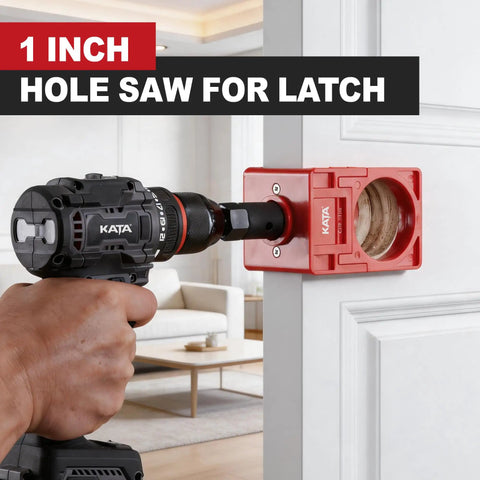 Go-To Wood Door Lock Installation Kit With Adjustable Guide Template And Hole Saw Set For Deadbolts And Knobs Solid Mounting For 1-3/8 To 1-3/4 Inch Doors No Sweat Diy Home Project with 1 inch hole saw attached to door.