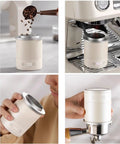 Total Game Changer Aluminum Coffee Dosing Cup And Espresso Digital Scale Combo With Rechargeable Sensor And 0.1 Gram Precision For Classic 58Mm Portafilters Rock Solid Gear in use with coffee beans.