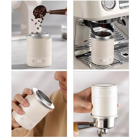 Total Game Changer Aluminum Coffee Dosing Cup And Espresso Digital Scale Combo With Rechargeable Sensor And 0.1 Gram Precision For Classic 58Mm Portafilters Rock Solid Gear in use with coffee beans.